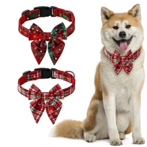 Lovingnook Dog Collar with Bow Adjustable Cotton Red Bowtie Dog Christmas Collars for Large Dogs Pets Grooming New Year Gift