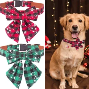loving nook Dog Collar with Bow Tie, Classic Plaid Red Green Dog Collars with Removable Bowtie Christmas for Pet New Year Decor